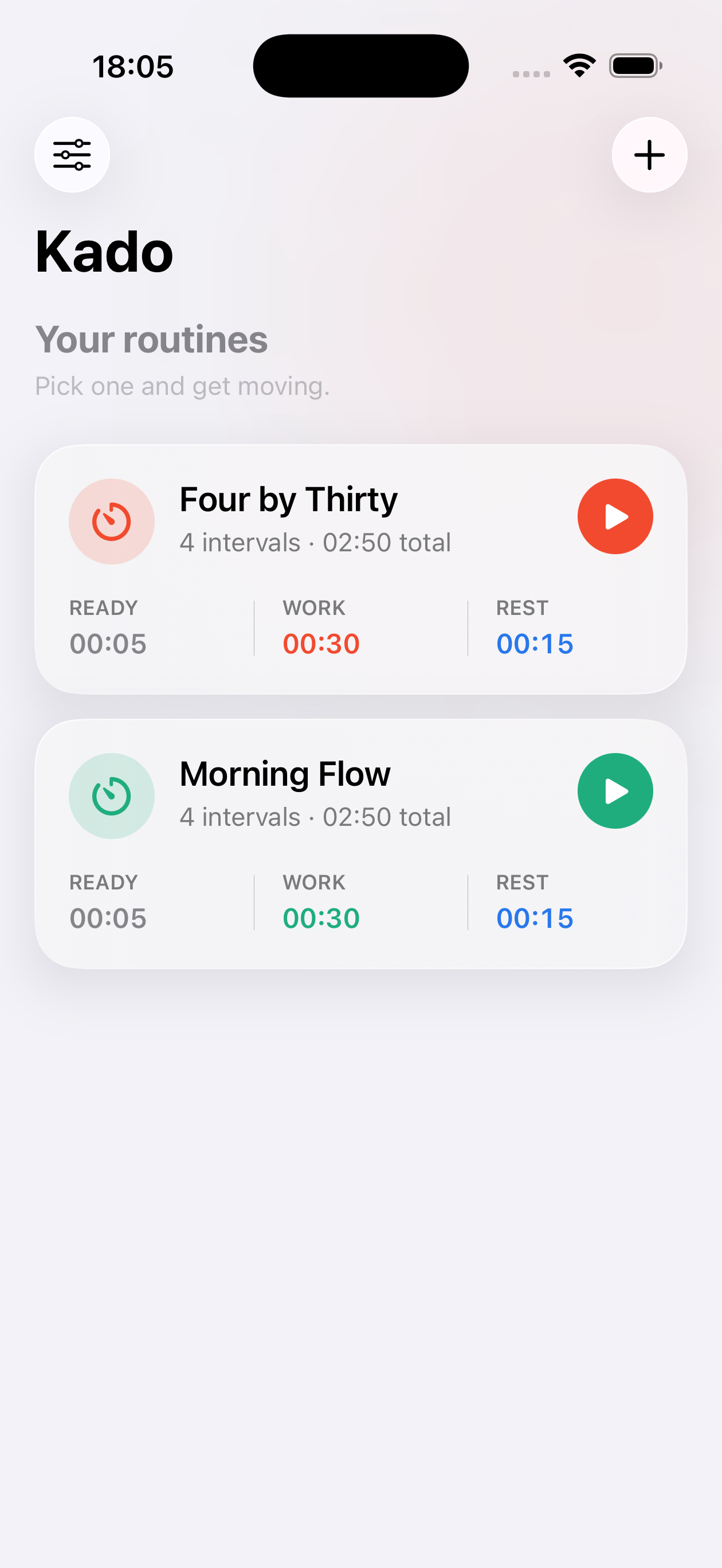 Kado routine library with saved interval workouts