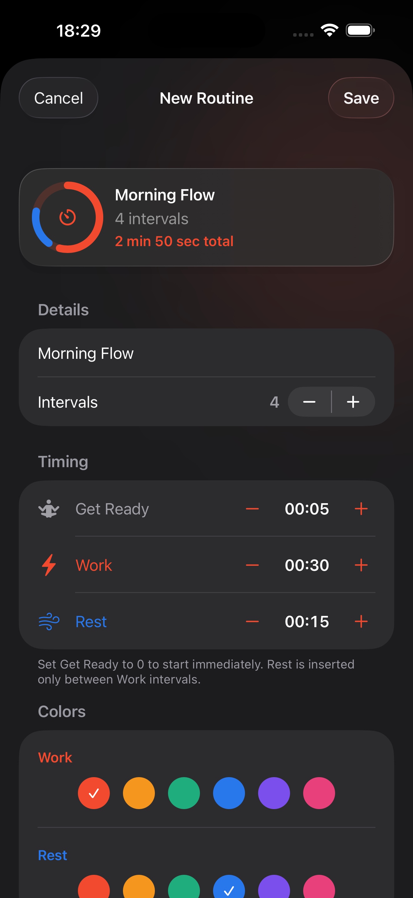 Kado routine editor in dark mode with work and rest timing controls