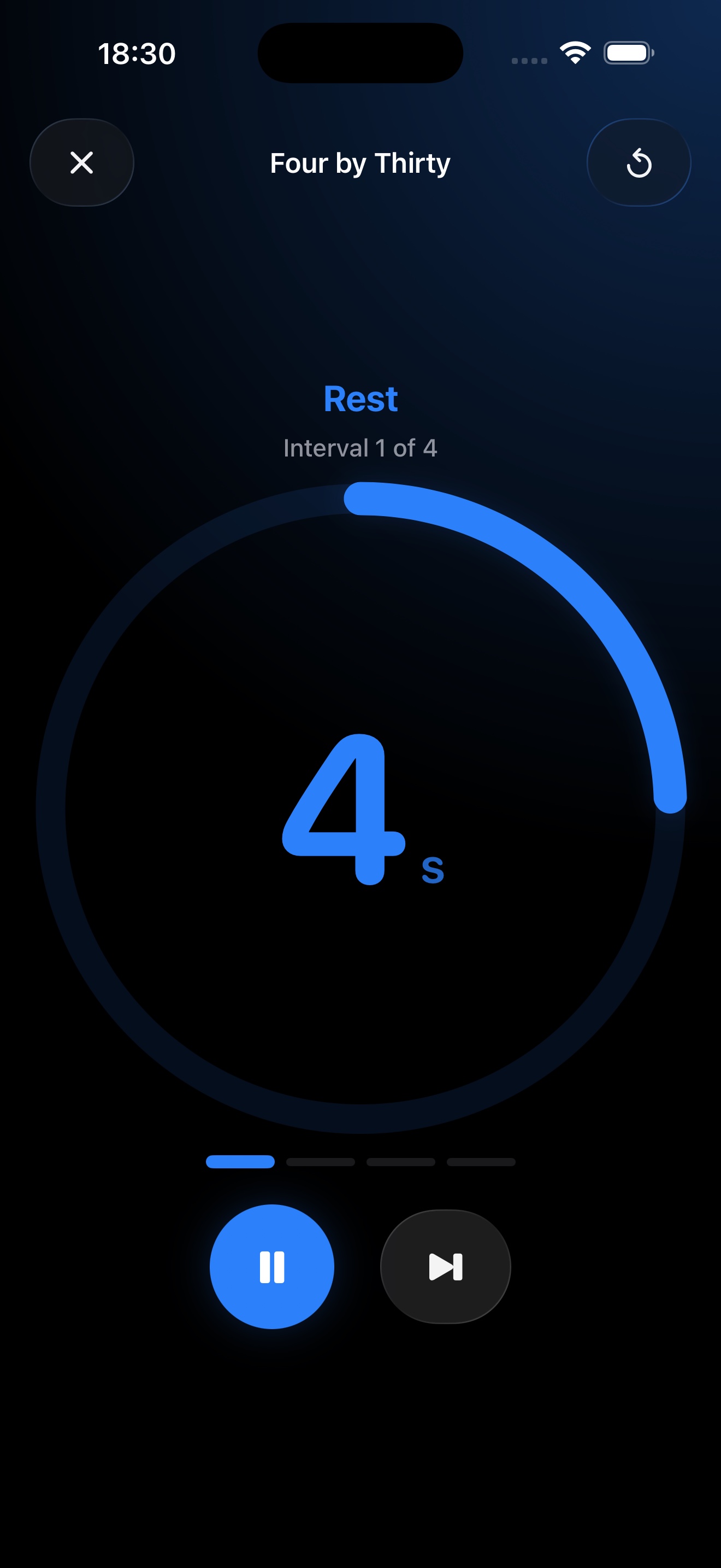 Kado workout timer in dark mode showing a large rest countdown