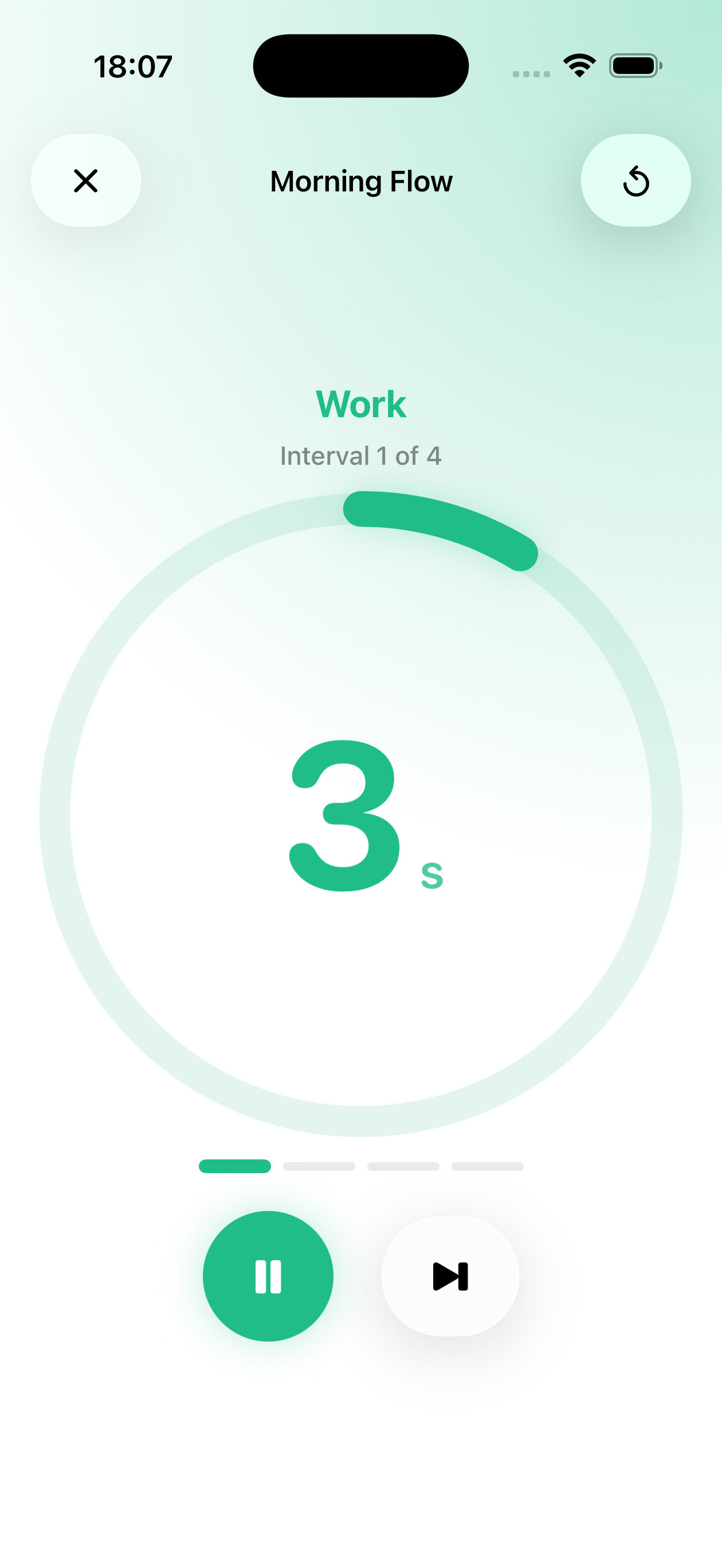 Kado workout timer showing a work interval countdown